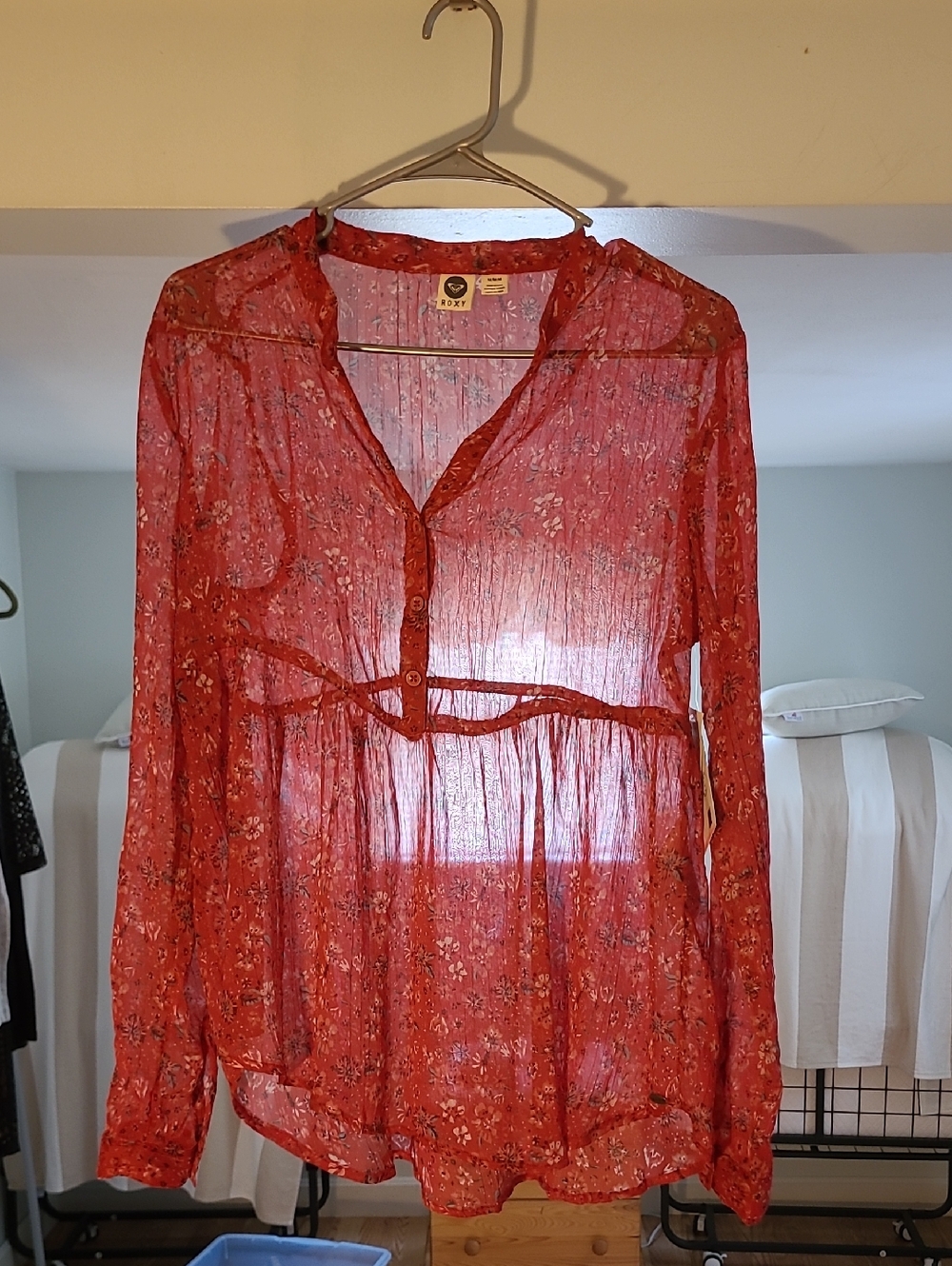 Roxy Sheer Boho Red Floral Button-Up Peasant Blouse NWT sz M Ptp 18